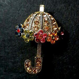 Glamorous Vintage Style Umbrella Brooch Pin - Inlaid with Colorful Rhinestones!!